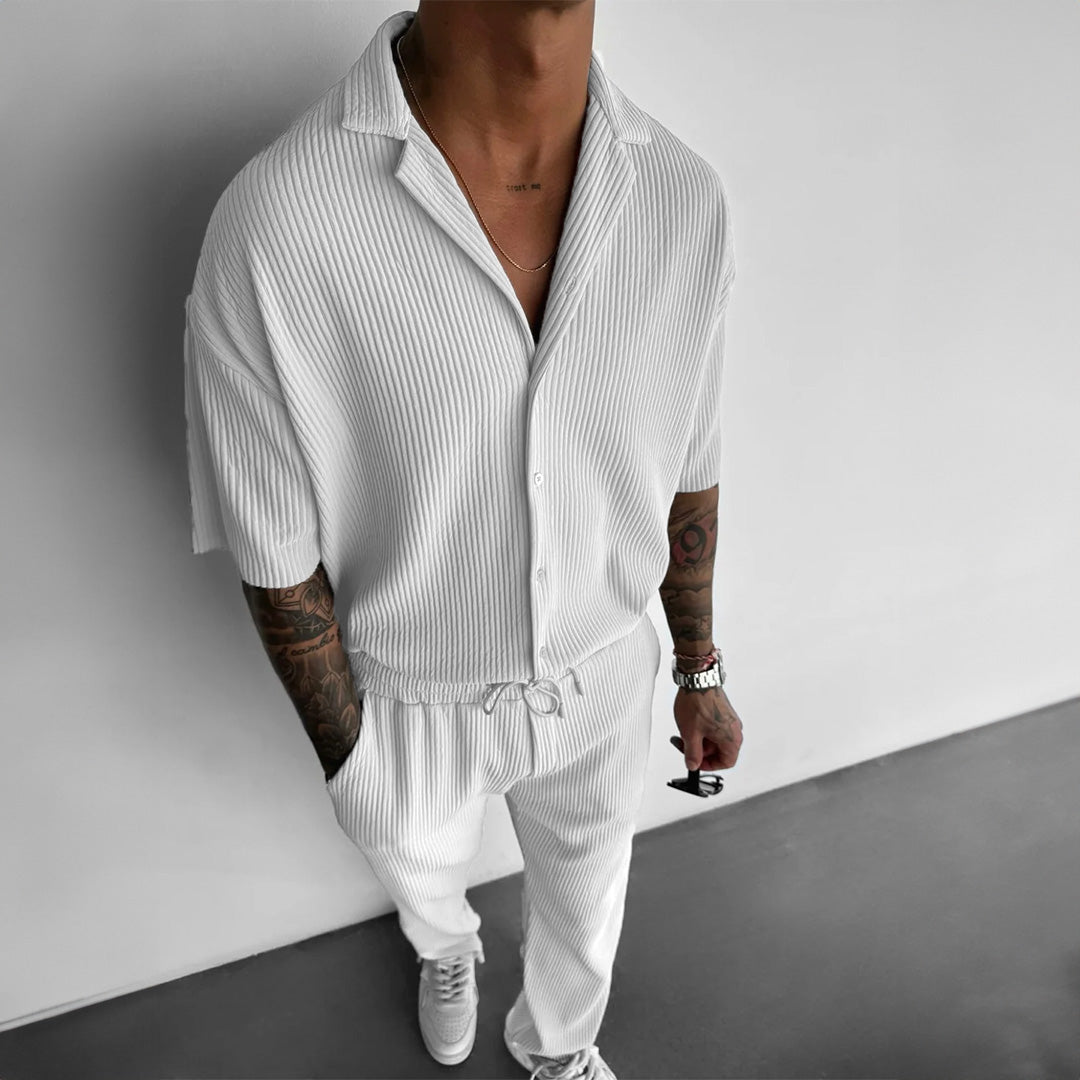 Cămașă și Pantaloni Set cu Guler Deschis și Plisat Oversize