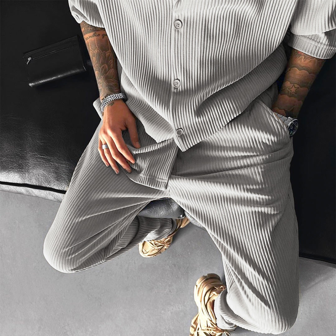 Cămașă și Pantaloni Set cu Guler Deschis și Plisat Oversize