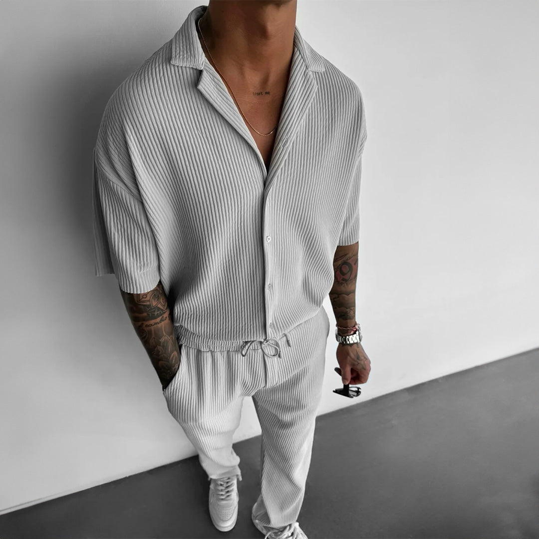 Cămașă și Pantaloni Set cu Guler Deschis și Plisat Oversize