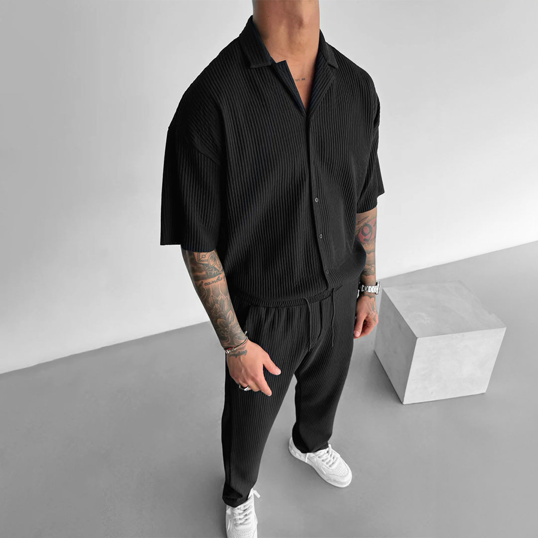 Cămașă și Pantaloni Set cu Guler Deschis și Plisat Oversize