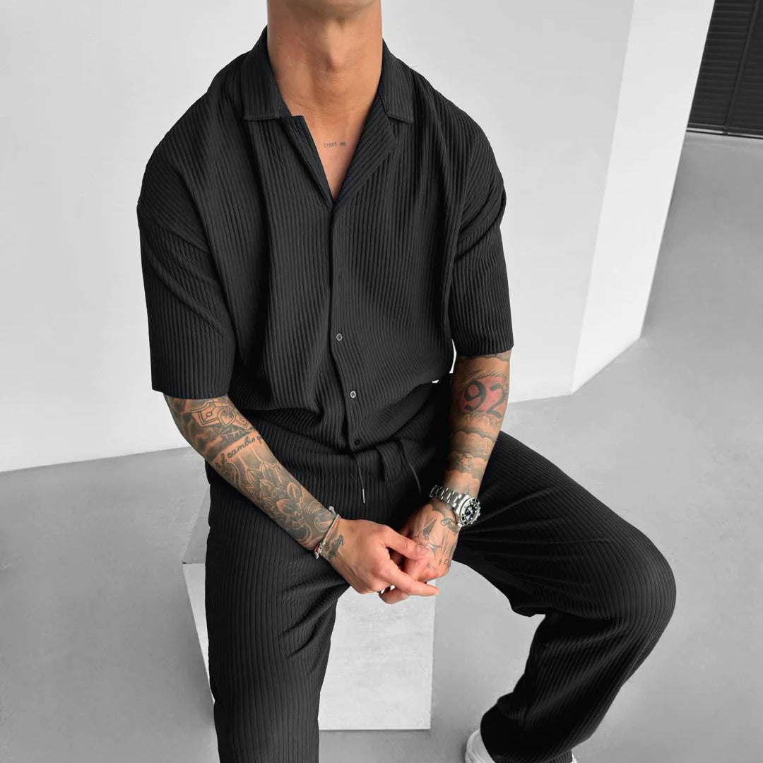 Cămașă și Pantaloni Set cu Guler Deschis și Plisat Oversize