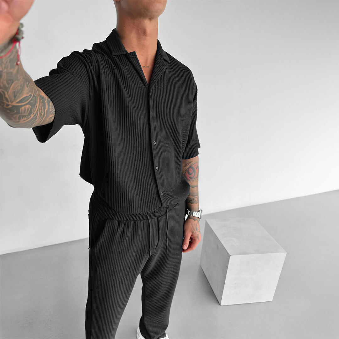 Cămașă și Pantaloni Set cu Guler Deschis și Plisat Oversize