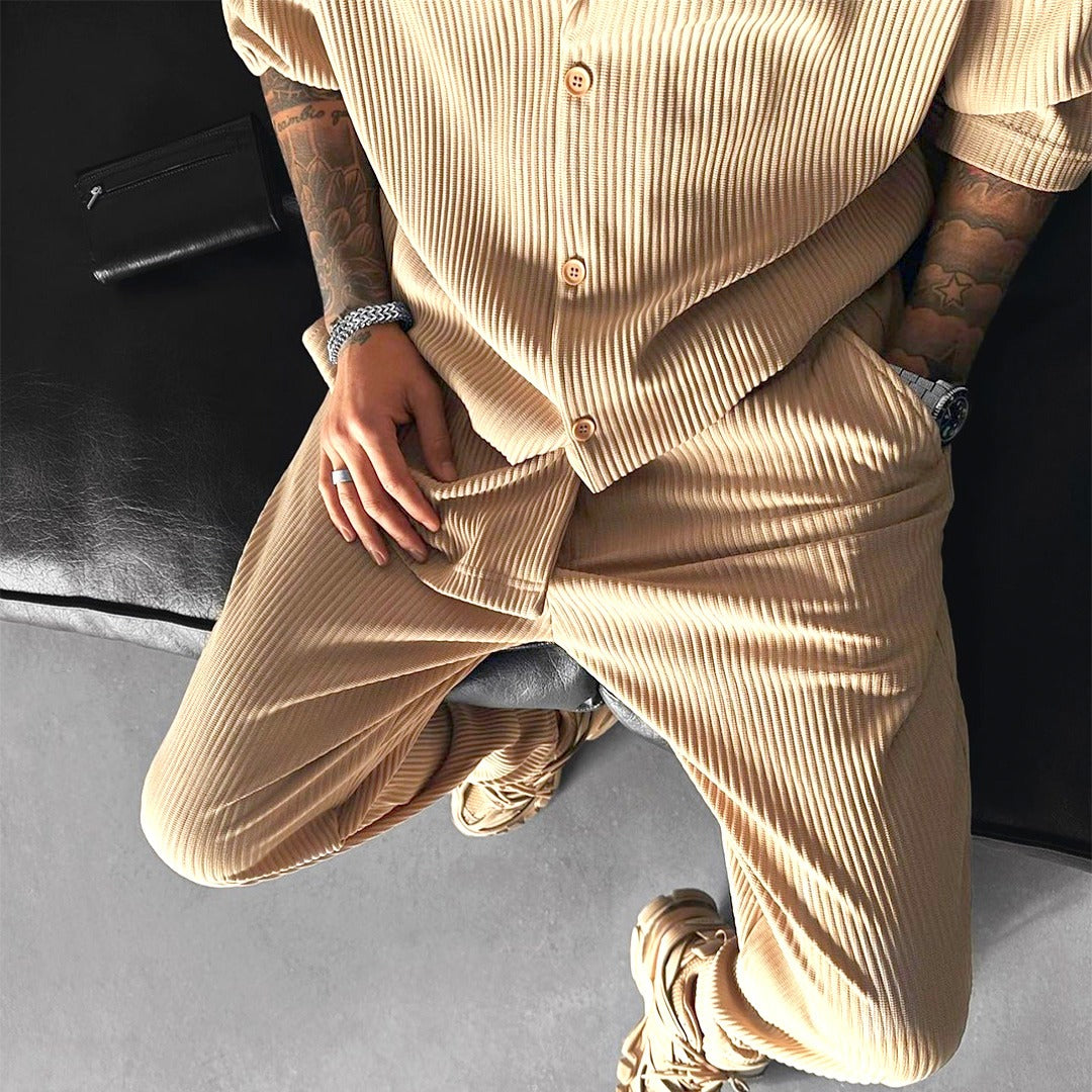 Cămașă și Pantaloni Set cu Guler Deschis și Plisat Oversize