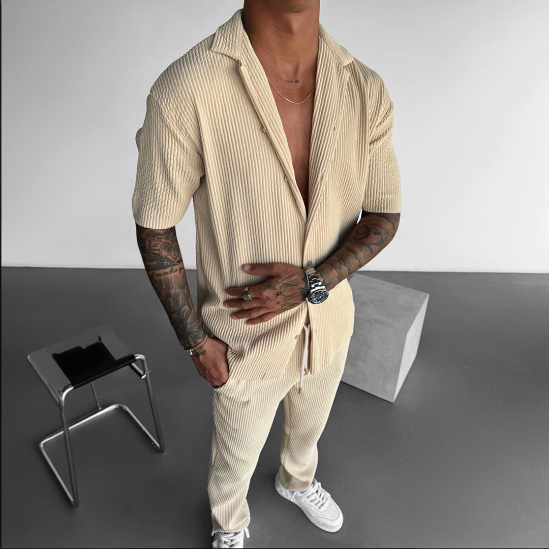 Cămașă și Pantaloni Set cu Guler Deschis și Plisat Oversize